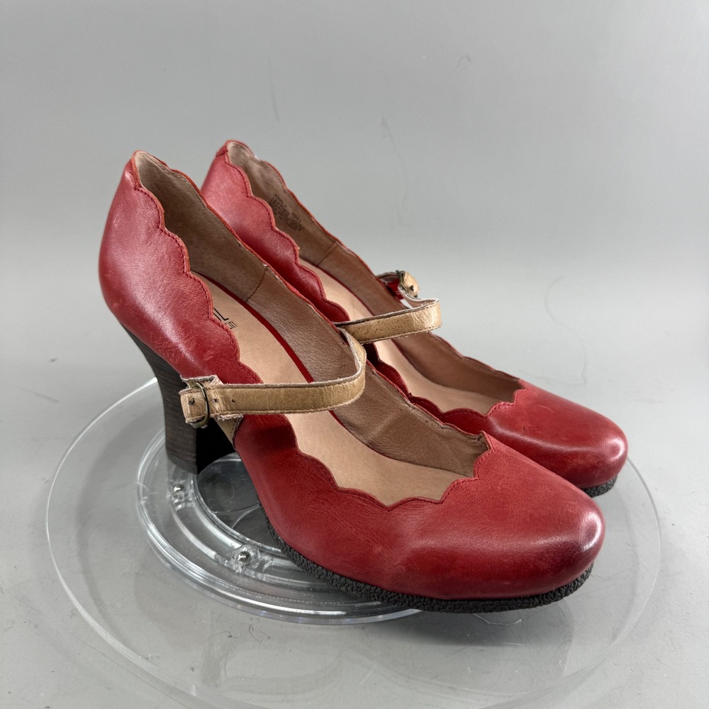 Miz Mooz Womens Karly Red Leather Scalloped Mary Jane Block Heel Pumps 10/41